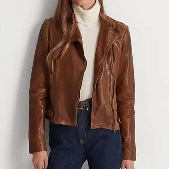 Lauren Ralph Lauren Burnished Leather Moto Bomber Jacket Dark Walnut